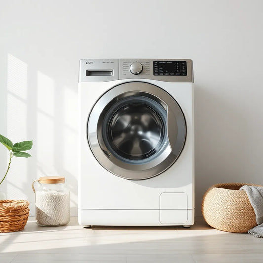 Front view of a stainless steel drum washing machine in a clean, modern laundry room