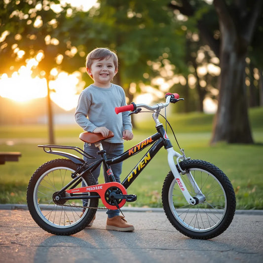 Child standing beside a colorful kids bicycle with training wheels in a sunny park