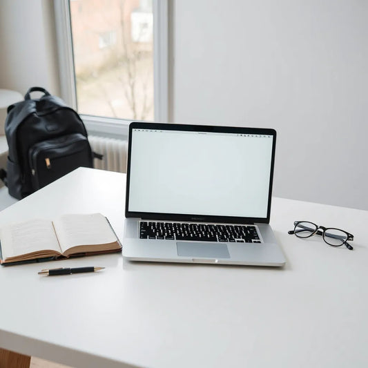 Slim lightweight laptop on a study desk beside a notebook and small backpack