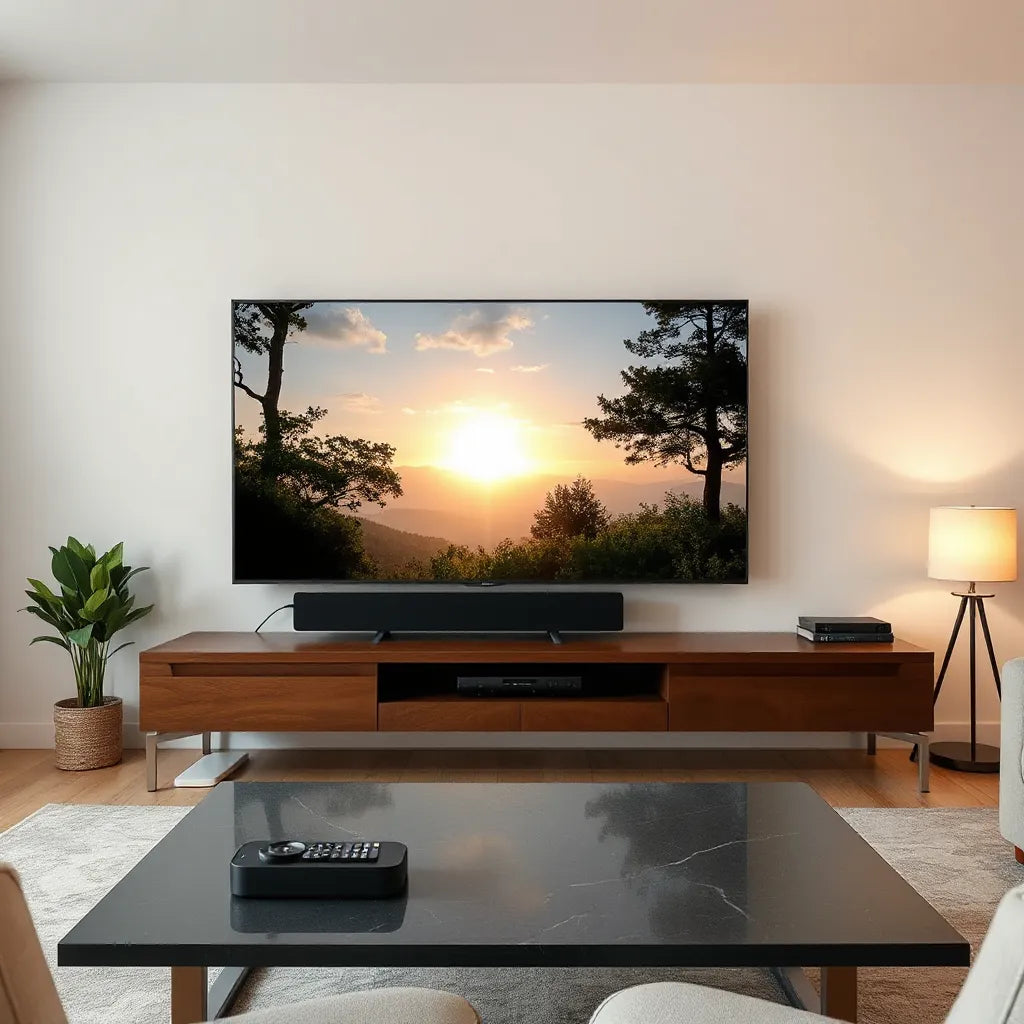 Wall-mounted 65-inch TV in a modern living room displaying a bright 4K nature scene