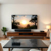 Wall-mounted 65-inch TV in a modern living room displaying a bright 4K nature scene
