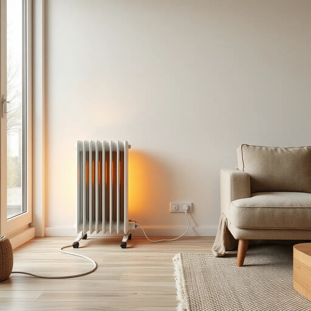 Modern oil filled radiator heater standing by a window in a cozy living room