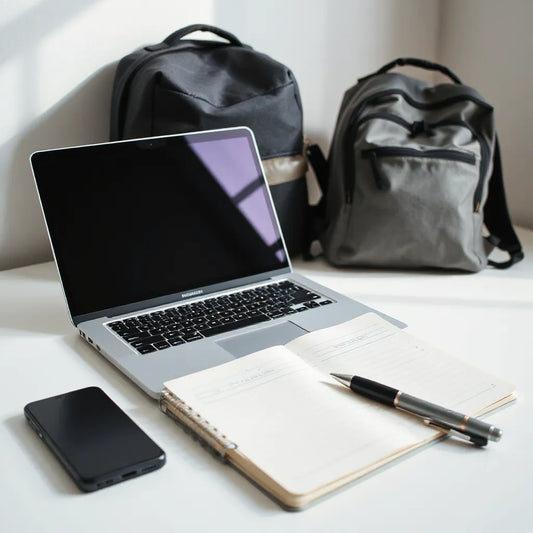 Lightweight laptop on a student desk with notebook, pen, and backpack in soft daylight