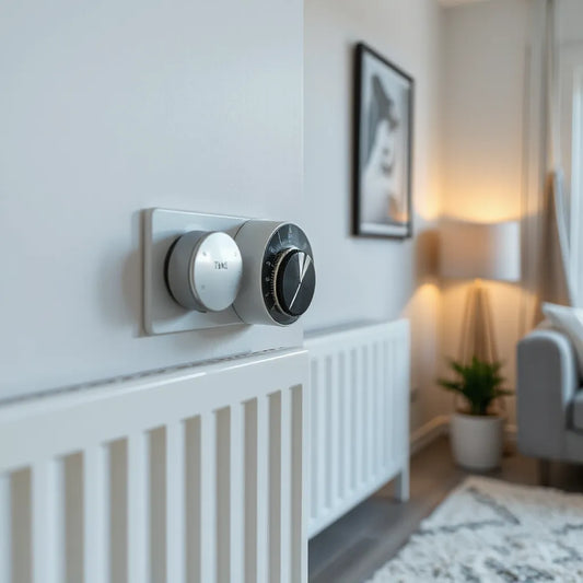 Wall thermostat dial regulating a radiator for steady, comfortable indoor heating