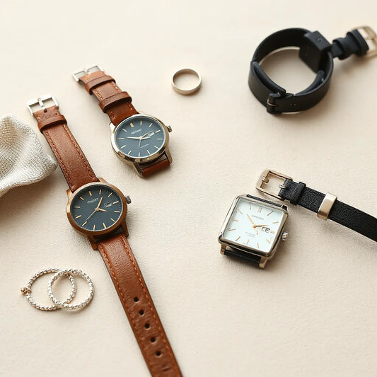 Multiple women’s fashion watches with leather and metal straps displayed on a neutral surface