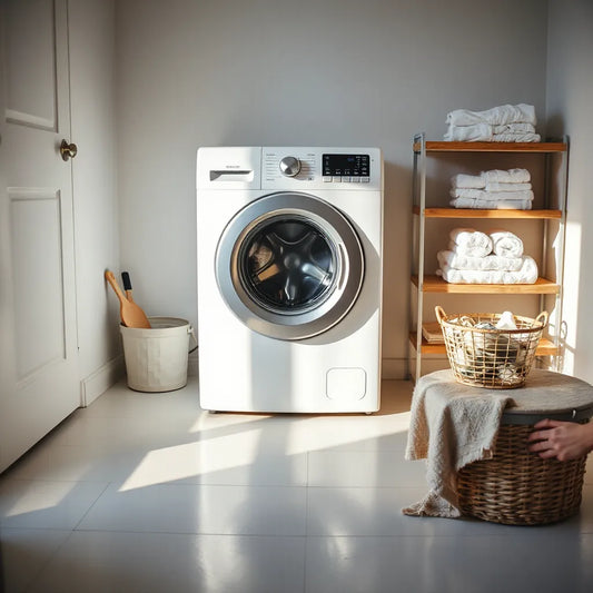Front-loading washing machine with clean towels in a bright laundry room