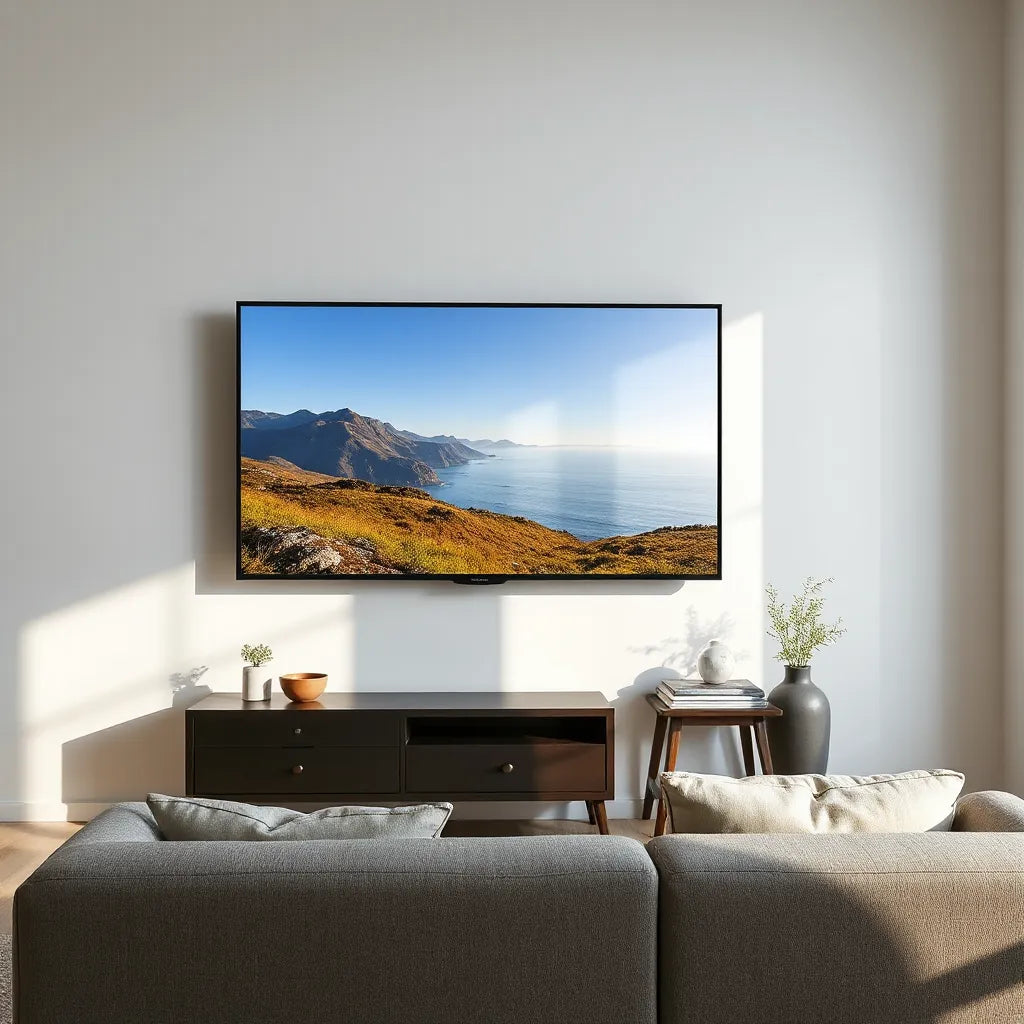 Wall-mounted smart TV showing sharp high-resolution visuals in a modern living room