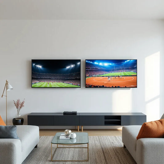 Two wall-mounted smart TVs in a modern living room showing different display styles for comparison.