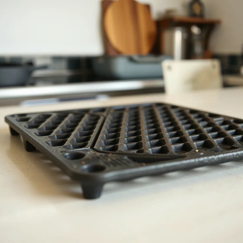Cast iron cooking grid with detailed texture on a clean neutral countertop