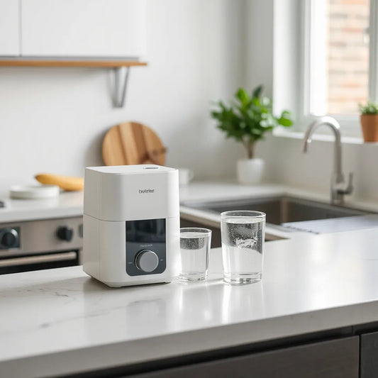 Compact water purifier on a kitchen counter with a glass of clear water
