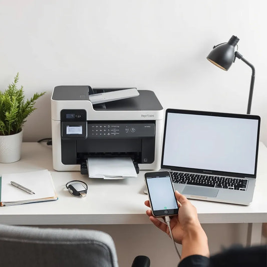 Laser printer on a home desk with connected cables and a laptop ready for setup