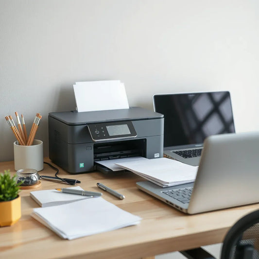 Compact office printer beside a laptop with ready documents on a clean desk