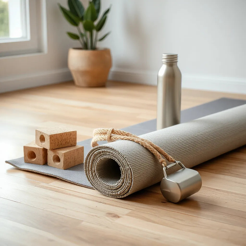 Eco-friendly yoga essentials including a rolled mat, cork blocks, and a strap with a water bottle nearby