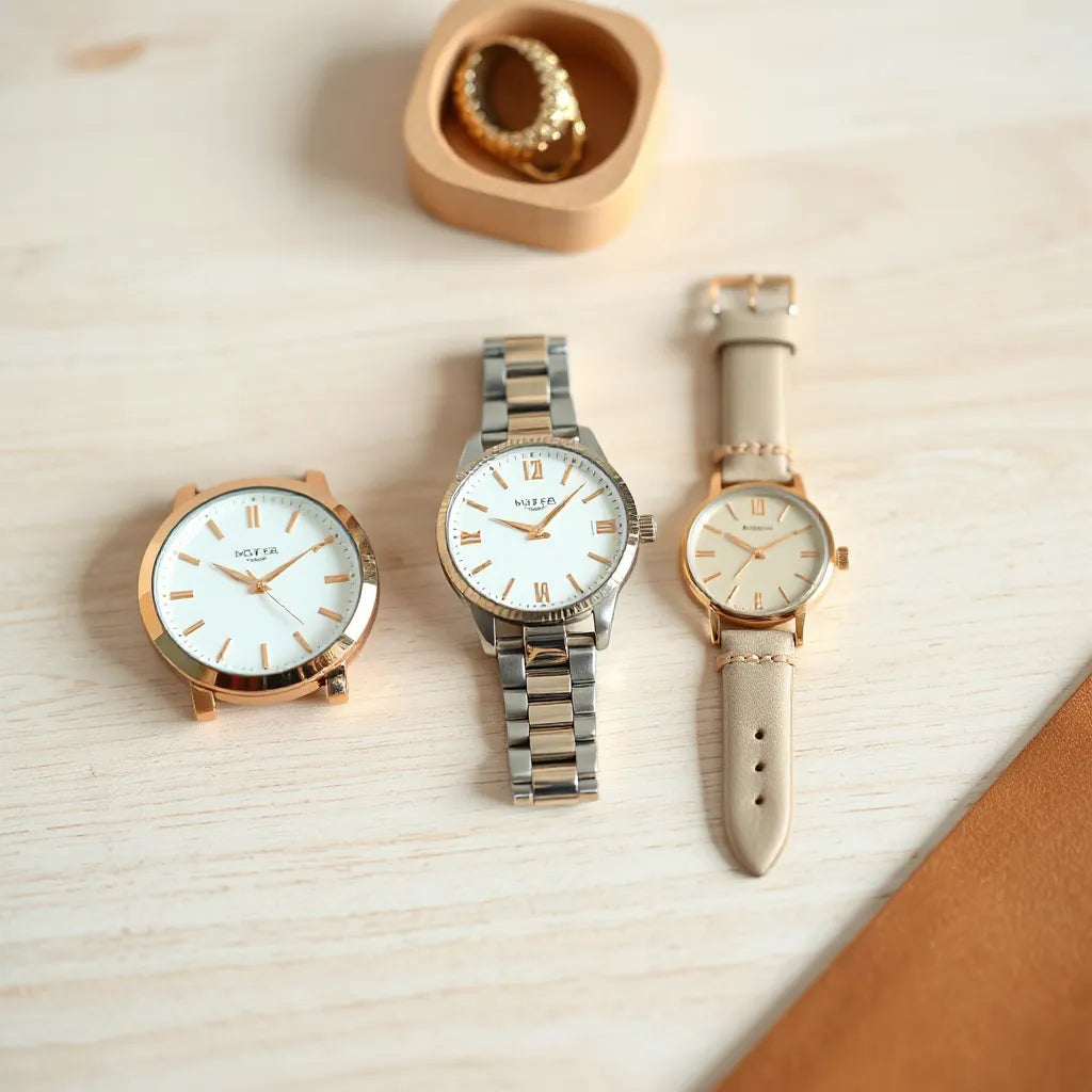 Three elegant women’s wristwatches arranged on a light wood table in soft daylight.