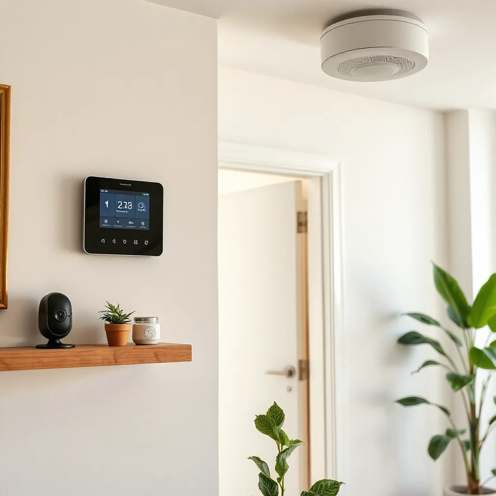 Modern smart home safety devices including a door sensor, indoor camera, and smoke detector