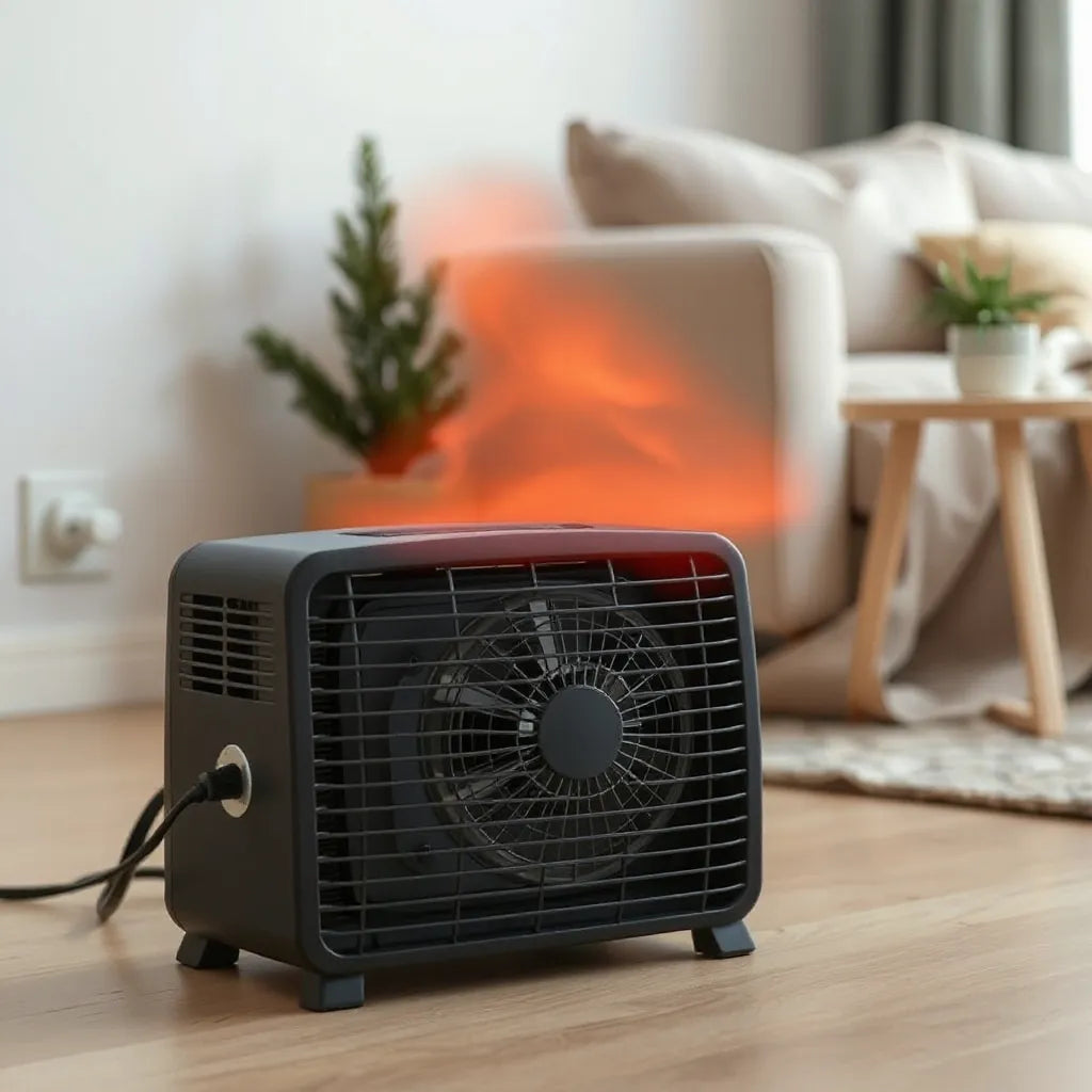 Compact PTC fan heater providing warm airflow in a cozy living room setting
