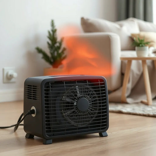 Compact PTC fan heater providing warm airflow in a cozy living room setting