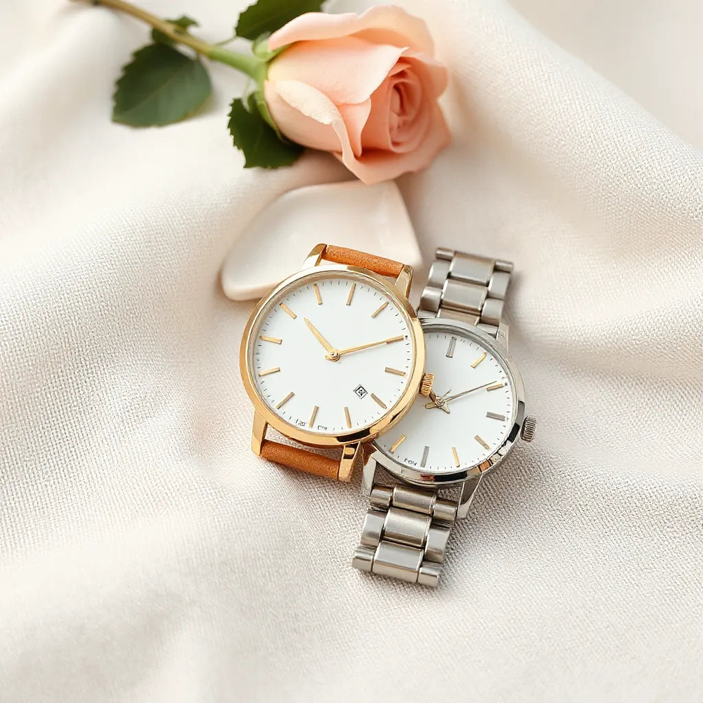 Elegant women’s watches with classic dials and leather straps on a neutral fabric background