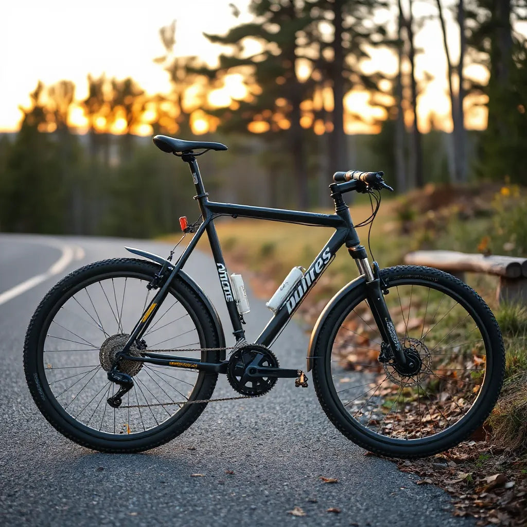 Folding mountain bike for men with rugged tires and disc brakes next to a trail at golden hour
