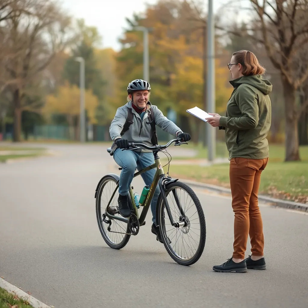 Bicyclist wearing a helmet practices safe riding technique with a coach on a quiet park path.