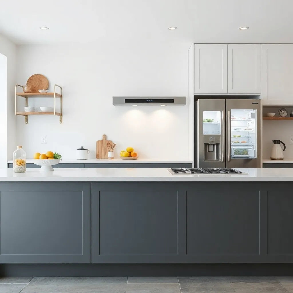 Refrigerators in a modern kitchen setting, showing different finishes and door styles for budget-friendly shopping