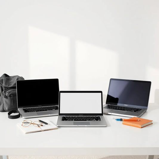 Three modern laptops on a study desk with a backpack and notebooks beside them