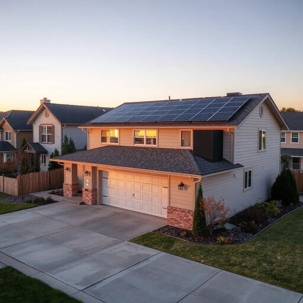 Rooftop solar panels on a modern home with sunlight reflecting on the panel surface