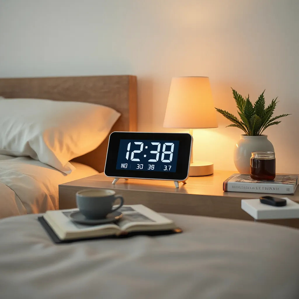 Sleek interactive digital clock on a nightstand with soft ambient light and a glowing interface