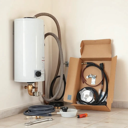 Wall-mounted water heater with installation kit parts, hoses, brackets, and safety valve laid out neatly