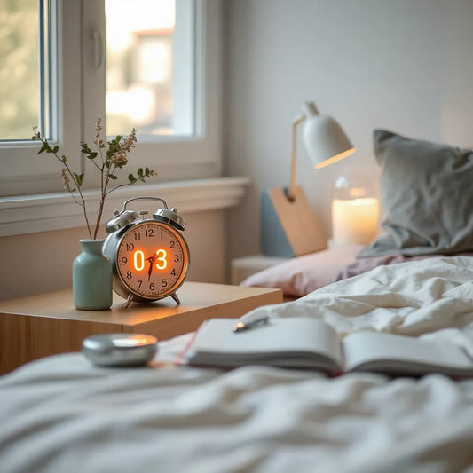 Modern smart alarm clock on a nightstand with warm morning light filtering into a bedroom