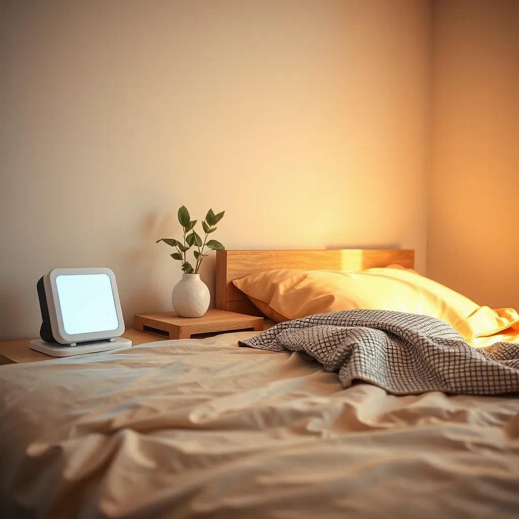 Smart wake-up light on a bedside table with a soft sunrise glow filling a cozy bedroom