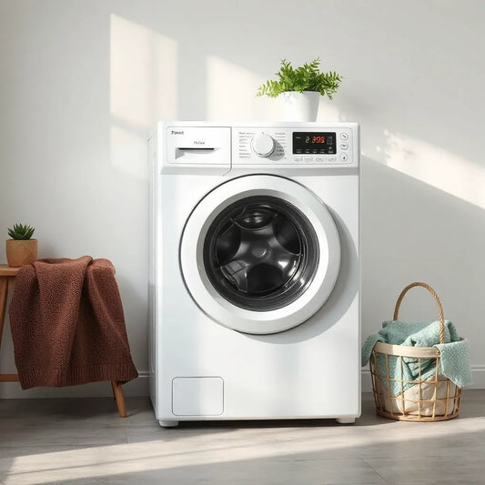 Front-loading washing machine in a bright, modern laundry room with a nearby laundry basket