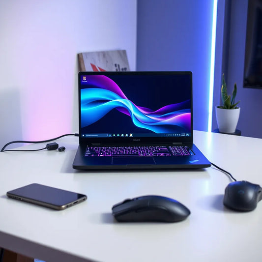 Sleek gaming laptop with RGB keyboard on a desk, with a gaming mouse and subtle neon lighting in the background