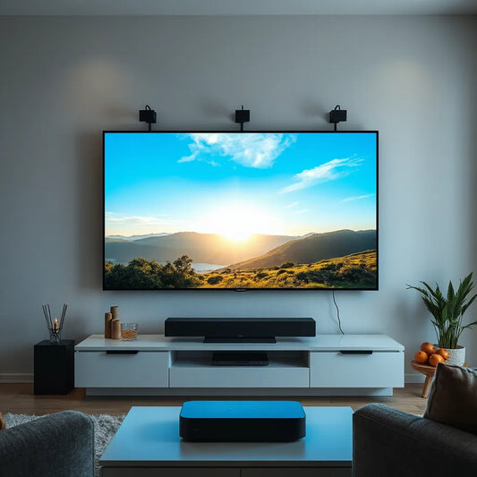 Ultra-thin TV displaying a vivid cinematic scene with deep shadows in a modern living room
