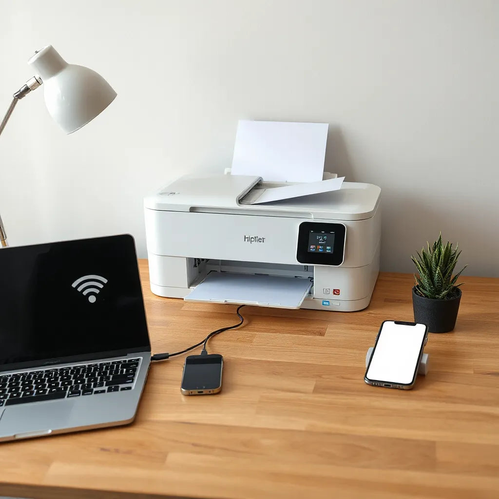 Modern printer on a desk wirelessly printing from a laptop and smartphone
