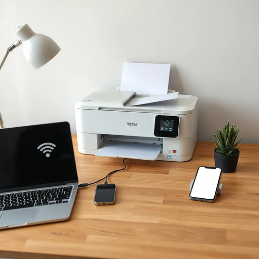 Modern printer on a desk wirelessly printing from a laptop and smartphone