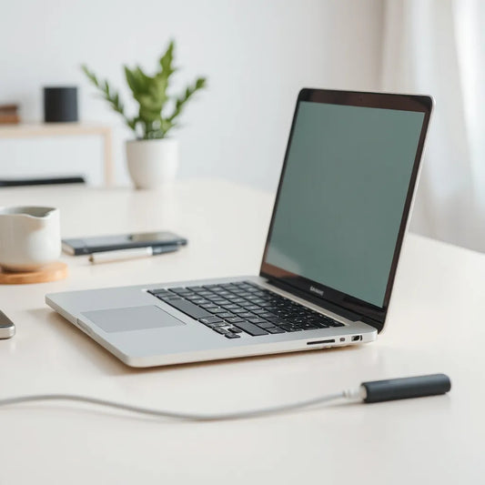 Modern laptop on a desk with soft daylight and minimal accessories for a work-ready setup