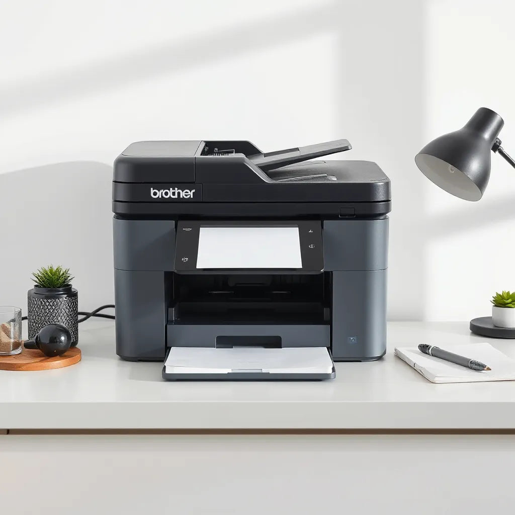 Brother laser printer on a desk with blank paper ready for printing