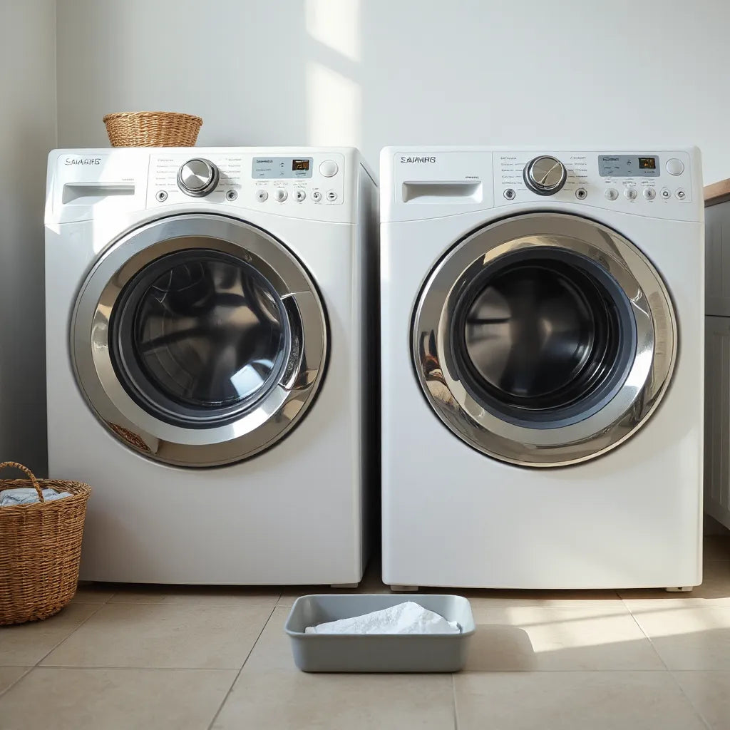 Two front-loading washing machines in a clean, bright laundry room for easy comparisons