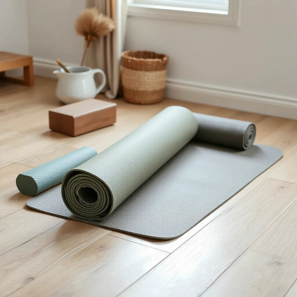 High-quality yoga mats laid out on a clean wooden floor in soft natural light
