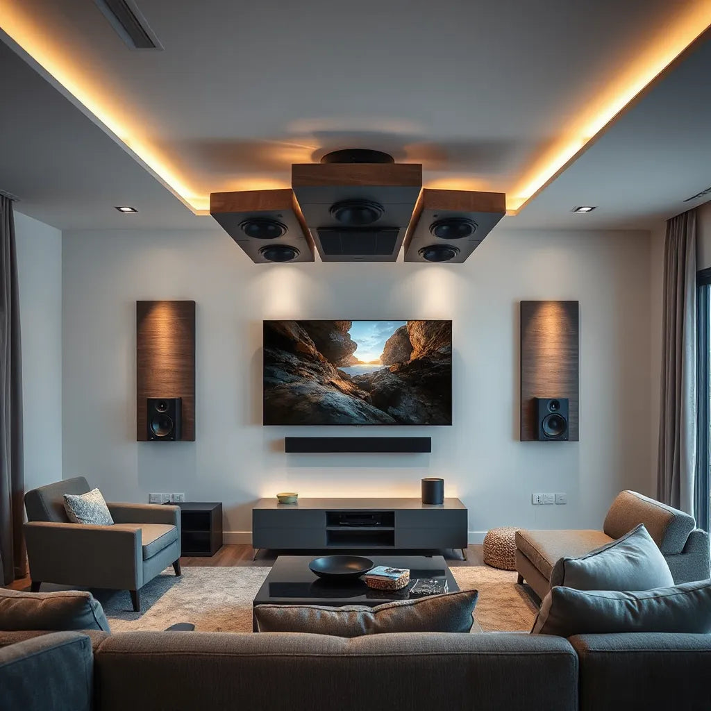 Dolby Atmos home theater with overhead speakers, soundbar, and subwoofer in a warm-lit room