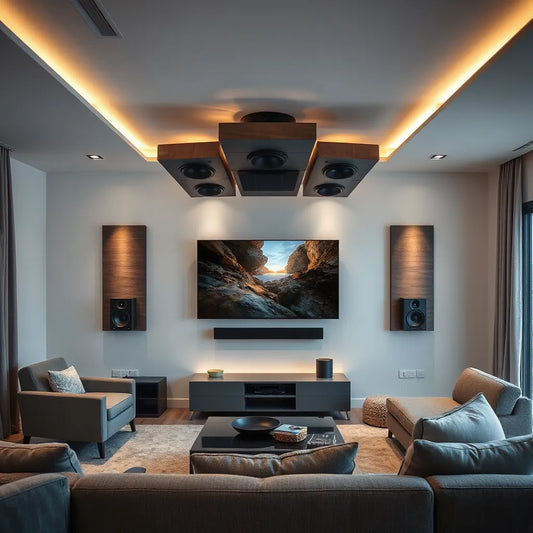 Dolby Atmos home theater with overhead speakers, soundbar, and subwoofer in a warm-lit room
