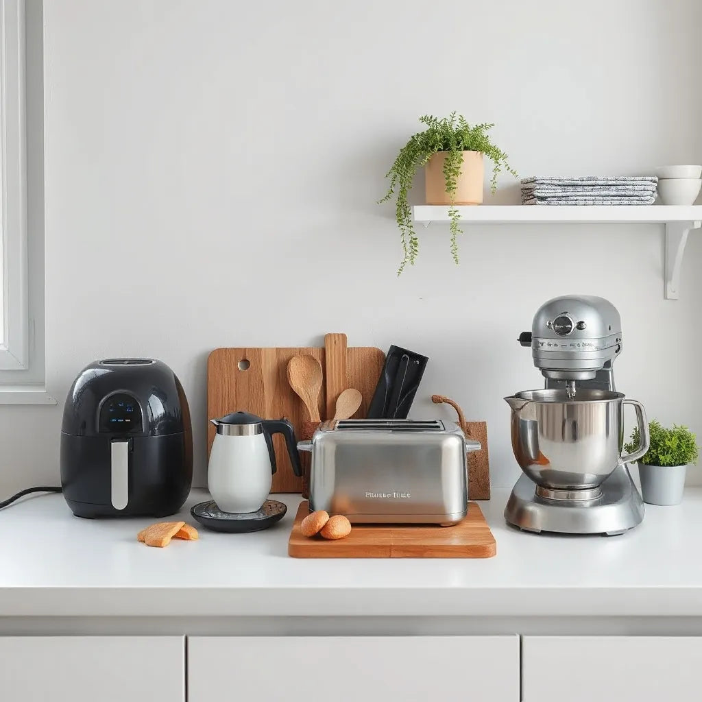 Modern countertop with small kitchen appliances like a blender, air fryer, kettle, and toaster in soft daylight