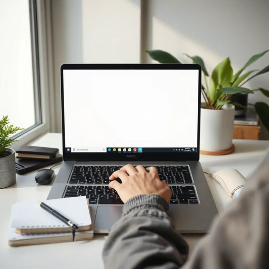 Person working at a clean desk with a compact Chromebook in a bright home office setup