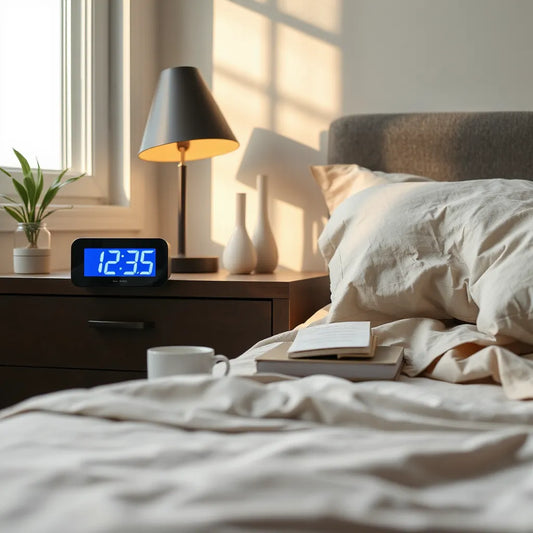Modern vibrant sound clock on a bedside table with soft morning light and subtle indicator glow