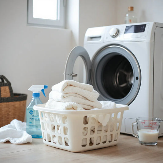 Freshly washed folded clothes next to a washing machine with detergent for everyday laundry cleaning