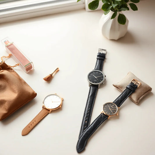 Assorted women’s wristwatches with metal and leather straps arranged on a neutral surface with soft natural light