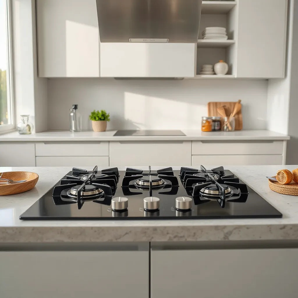 Modern built-in gas hob with black glass cooktop and stainless control knobs in a bright kitchen