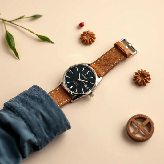 Men’s wristwatch with clear face and strap on a neutral background with soft lighting