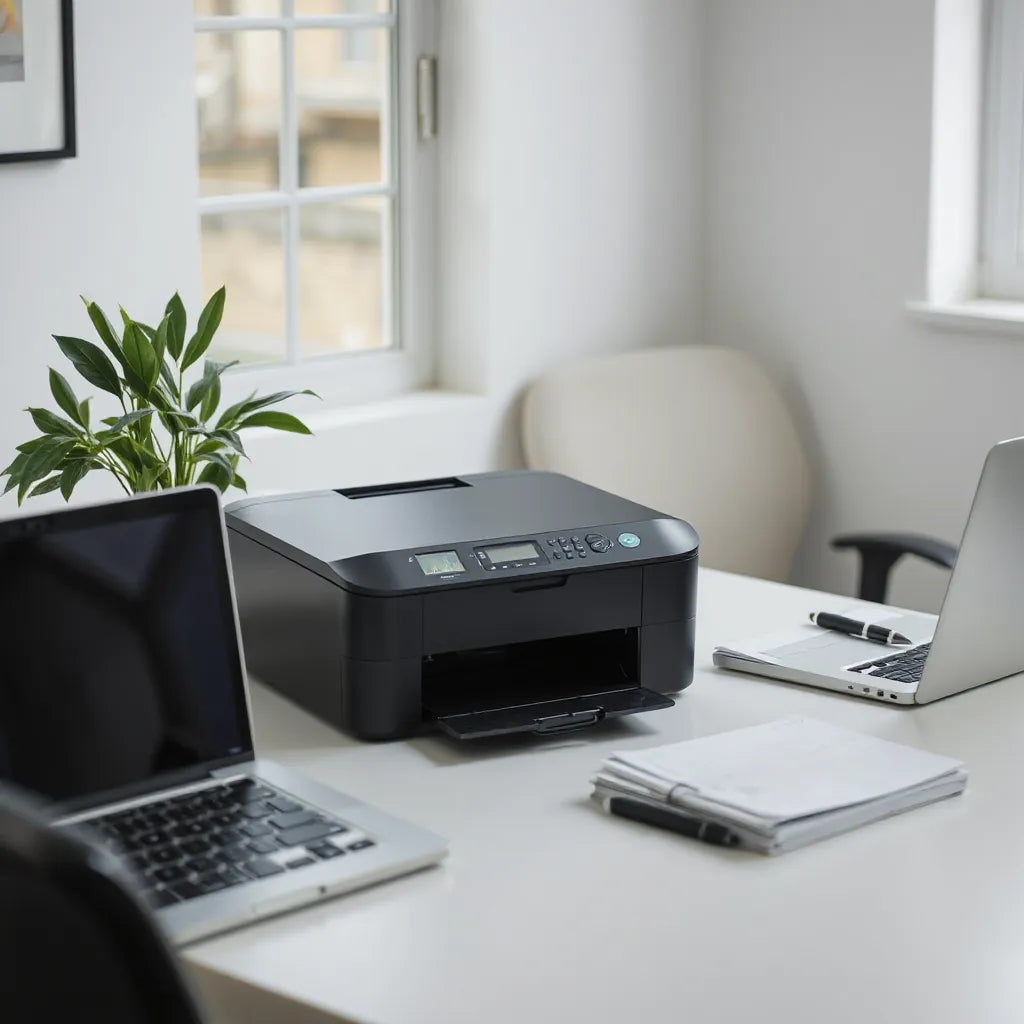 Compact home office printer on a small desk beside a laptop with neatly stacked documents